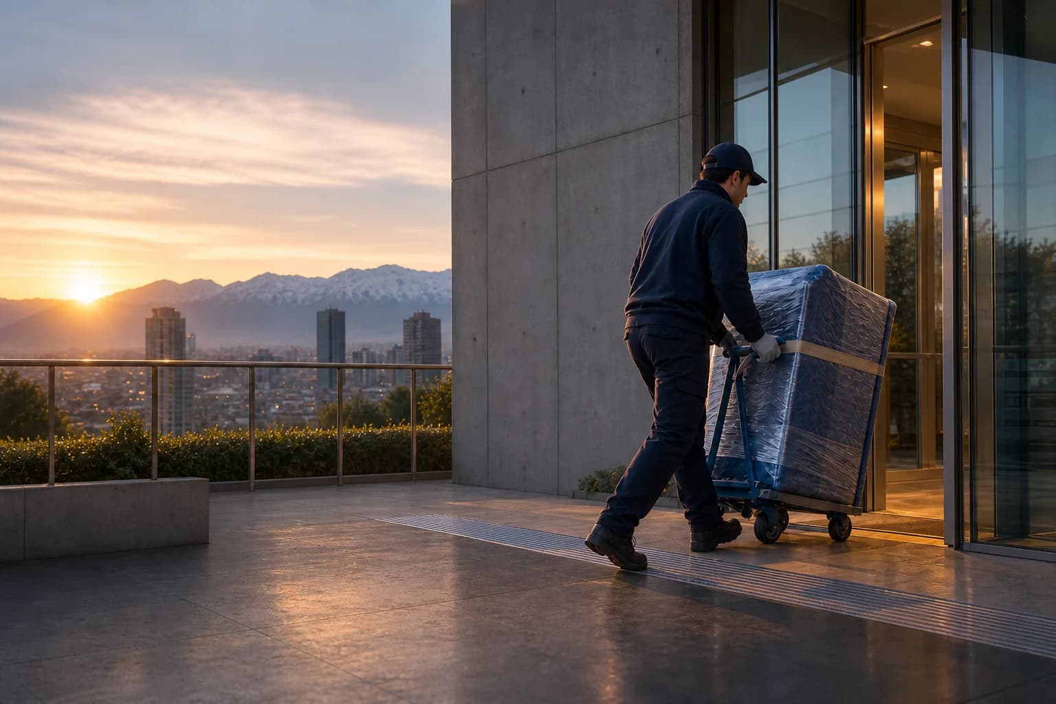 Profesional trasladando cuidadosamente un mueble al amanecer