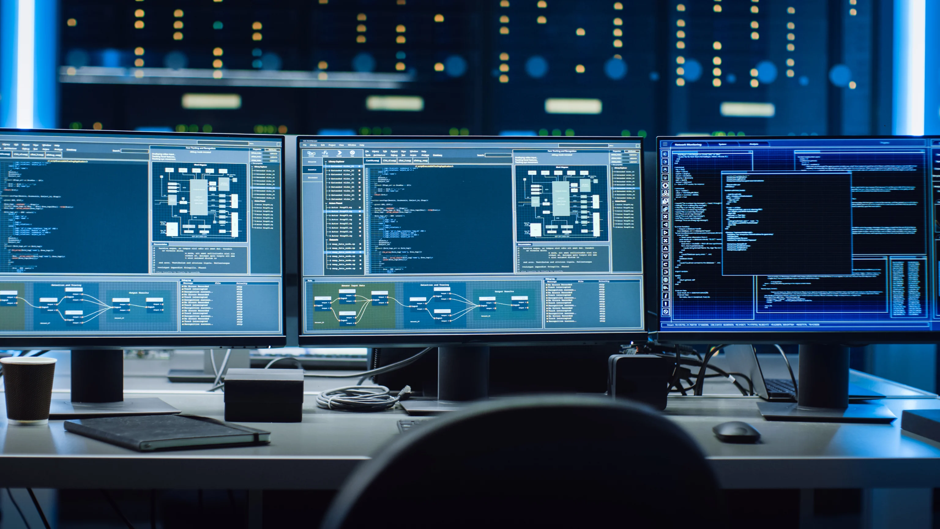 Estación tecnológica con múltiples monitores mostrando sistemas y código